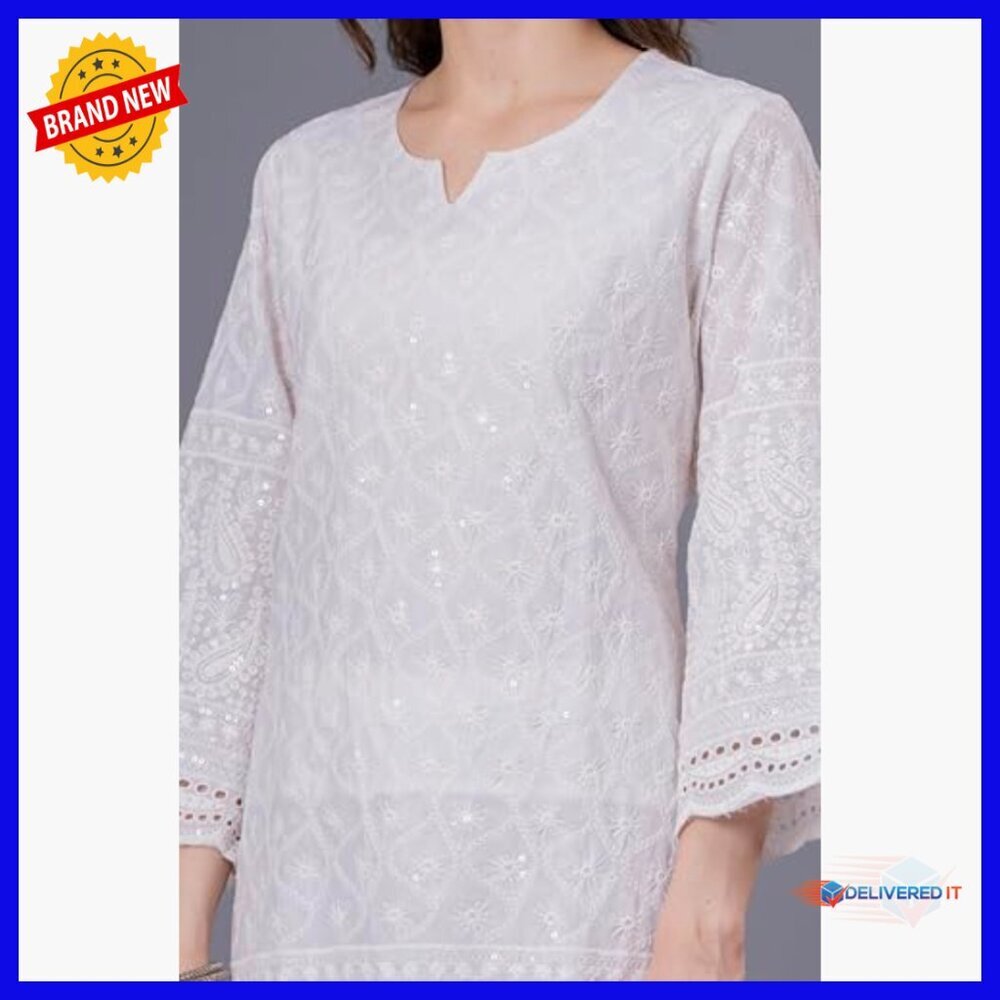 Hand Embroidered Cotton Kurta Set with Pant Dupatta Traditional Indian Tunic - Picture 6 of 7
